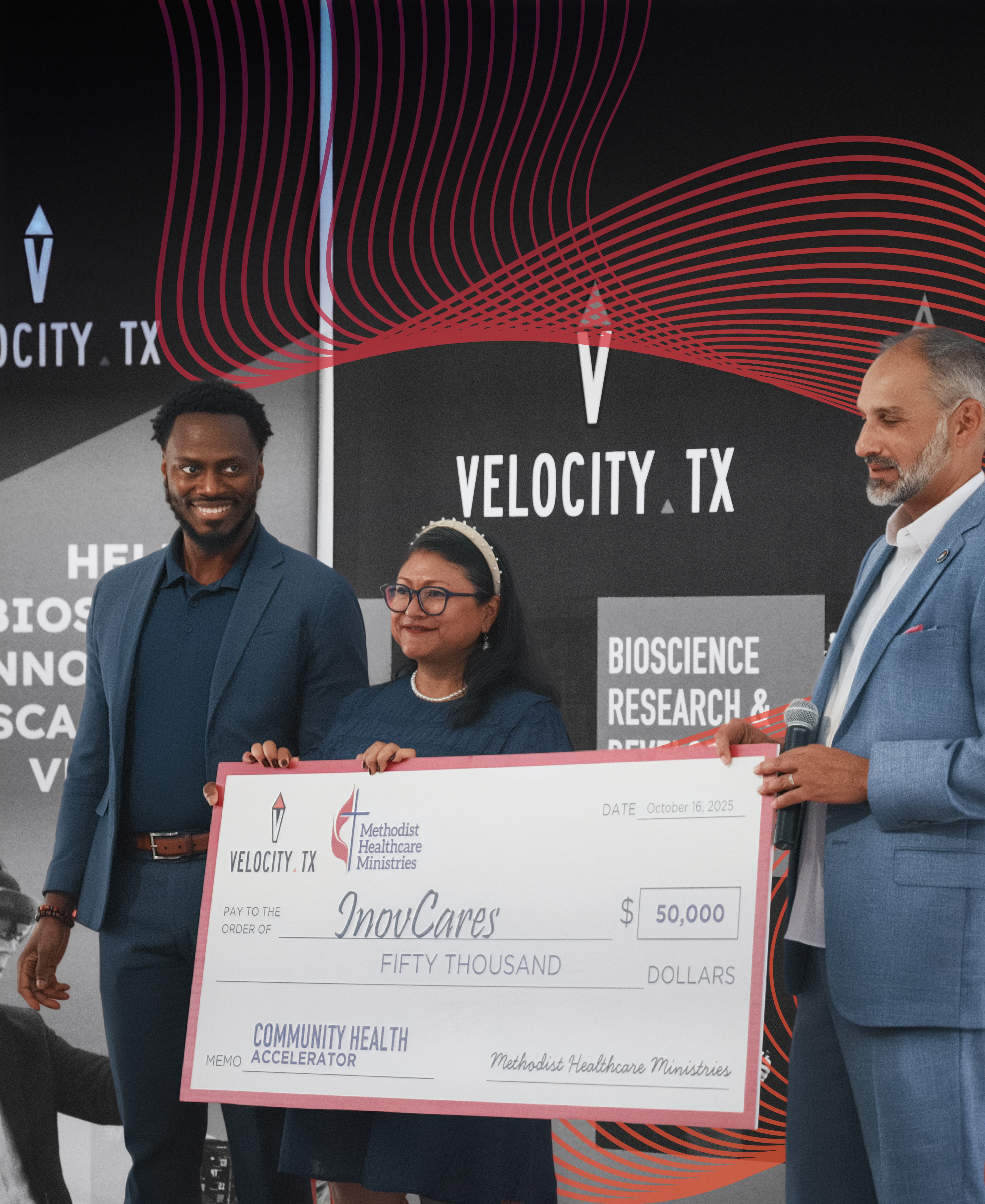 SDOH Community Health Accelerator winner receiving $50,000 check